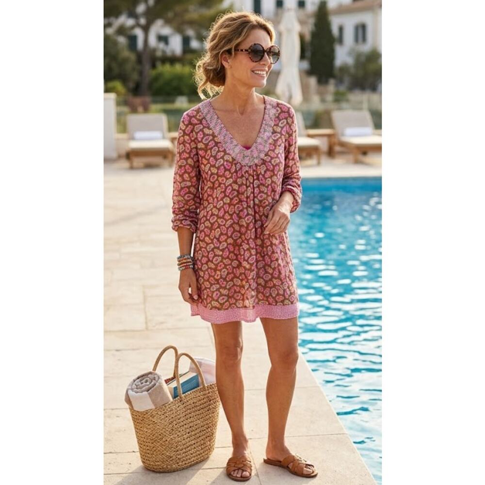 Boden Paisley Gauzy Swim Coverup Size 14 Plus Resort Vacation Wear Pink